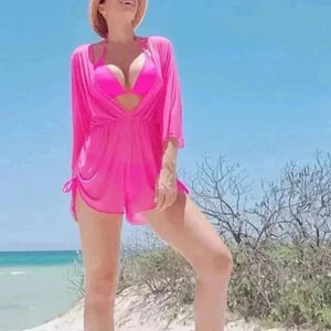 Hot Pink Preppy Womens Plain Halter Triangle Bikini Swimsuit With Cover Up